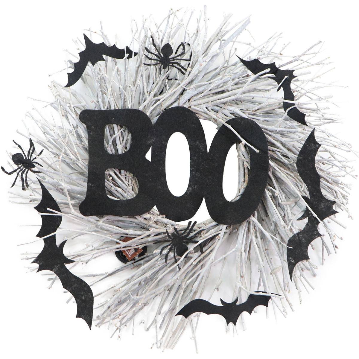 Haunted Hill Farm 15-In. White Twig Battery-Operated Wreath with LED Lights, Boo Sign, Bats, and Spiders for Halloween Door or Wall Decoration
