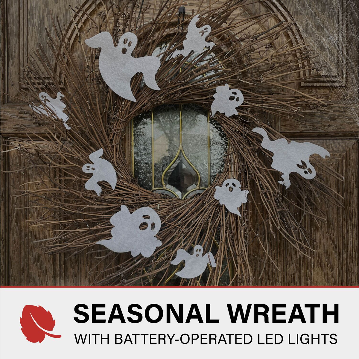 Haunted Hill Farm 20-In. Battery-Operated Natural Twig Wreath with LED Lights and Spooky Ghosts for Halloween Door or Wall Decoration