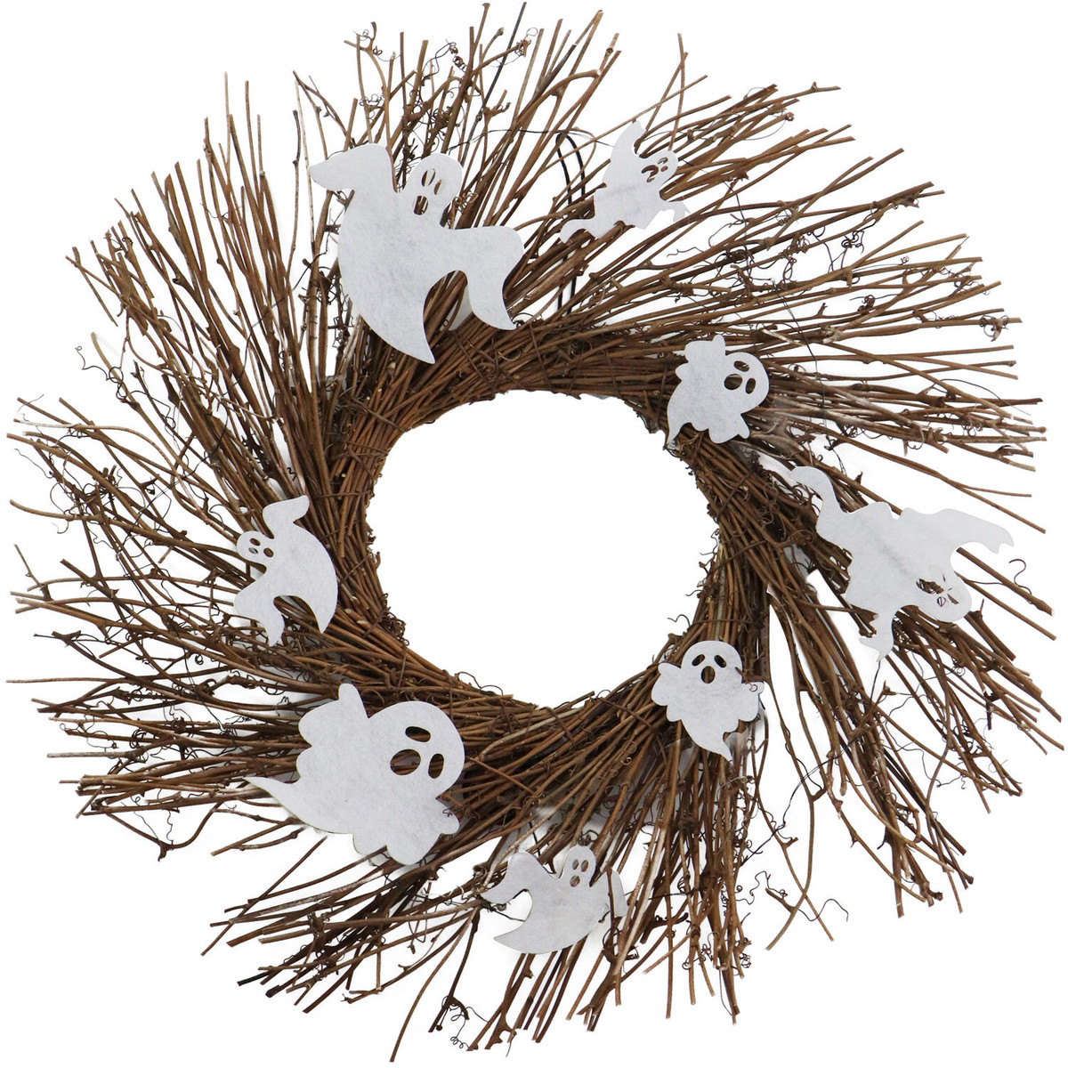 Haunted Hill Farm 20-In. Battery-Operated Natural Twig Wreath with LED Lights and Spooky Ghosts for Halloween Door or Wall Decoration