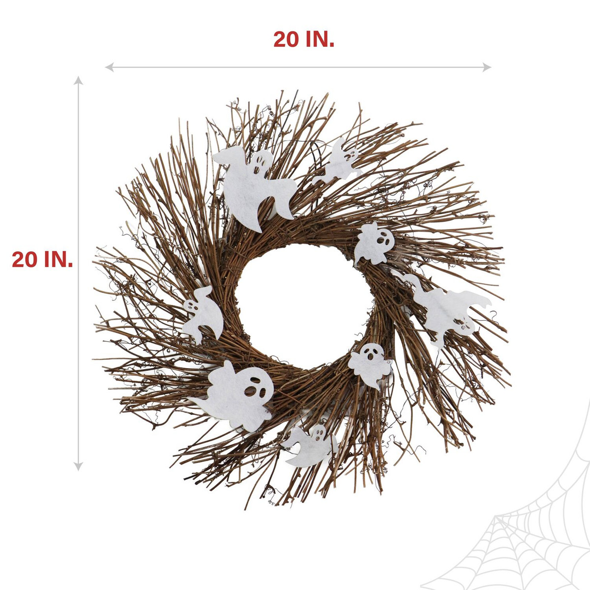 Haunted Hill Farm 20-In. Battery-Operated Natural Twig Wreath with LED Lights and Spooky Ghosts for Halloween Door or Wall Decoration