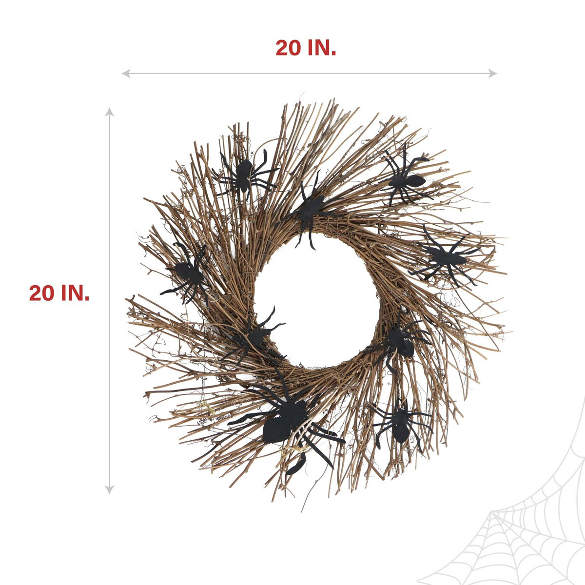 Haunted Hill Farm 20-In. Battery-Operated Natural Twig Wreath with LED Lights and Creepy Spiders for Halloween Door or Wall Decoration