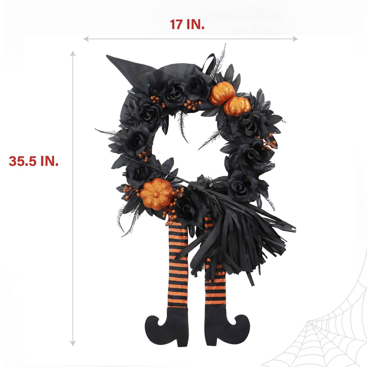 Haunted Hill Farm Halloween Black and Orange Floral Wreath with Pumpkins, Witch's Hat, Broom, and Legs for Haunted House Decoration