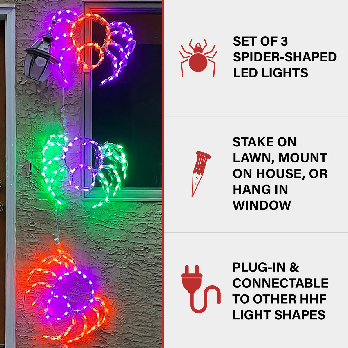Haunted Hill Farm Halloween Outdoor or Indoor LED Lights, Set of 3 Prelit Creepy Spiders (each 20 W x 15 H inches)