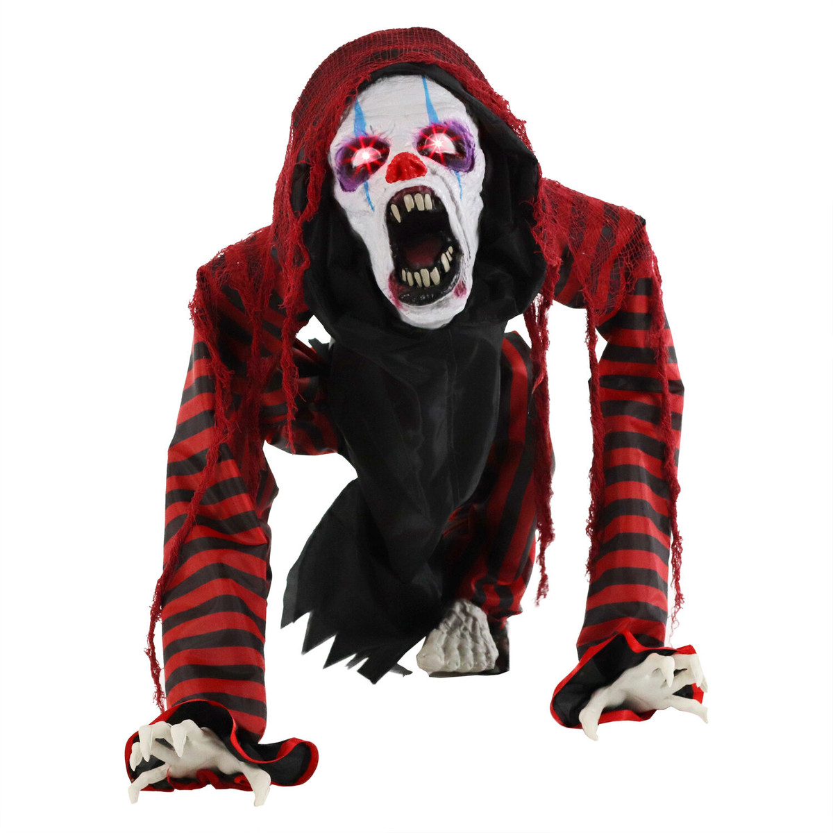 Haunted Hill Farm Jester the Animatronic Squatting Clown Dog with Movement, Sounds, and Light-Up Eyes for Scary Halloween Decoration
