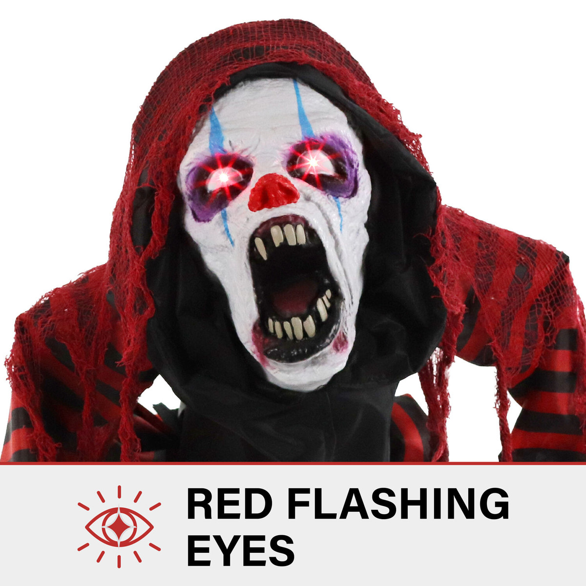 Haunted Hill Farm Jester the Animatronic Squatting Clown Dog with Movement, Sounds, and Light-Up Eyes for Scary Halloween Decoration