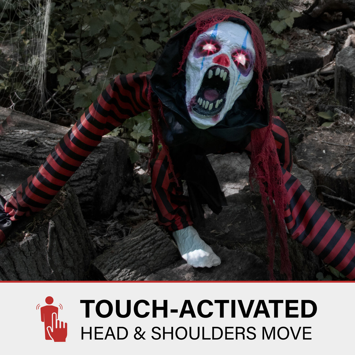 Haunted Hill Farm Jester the Animatronic Squatting Clown Dog with Movement, Sounds, and Light-Up Eyes for Scary Halloween Decoration