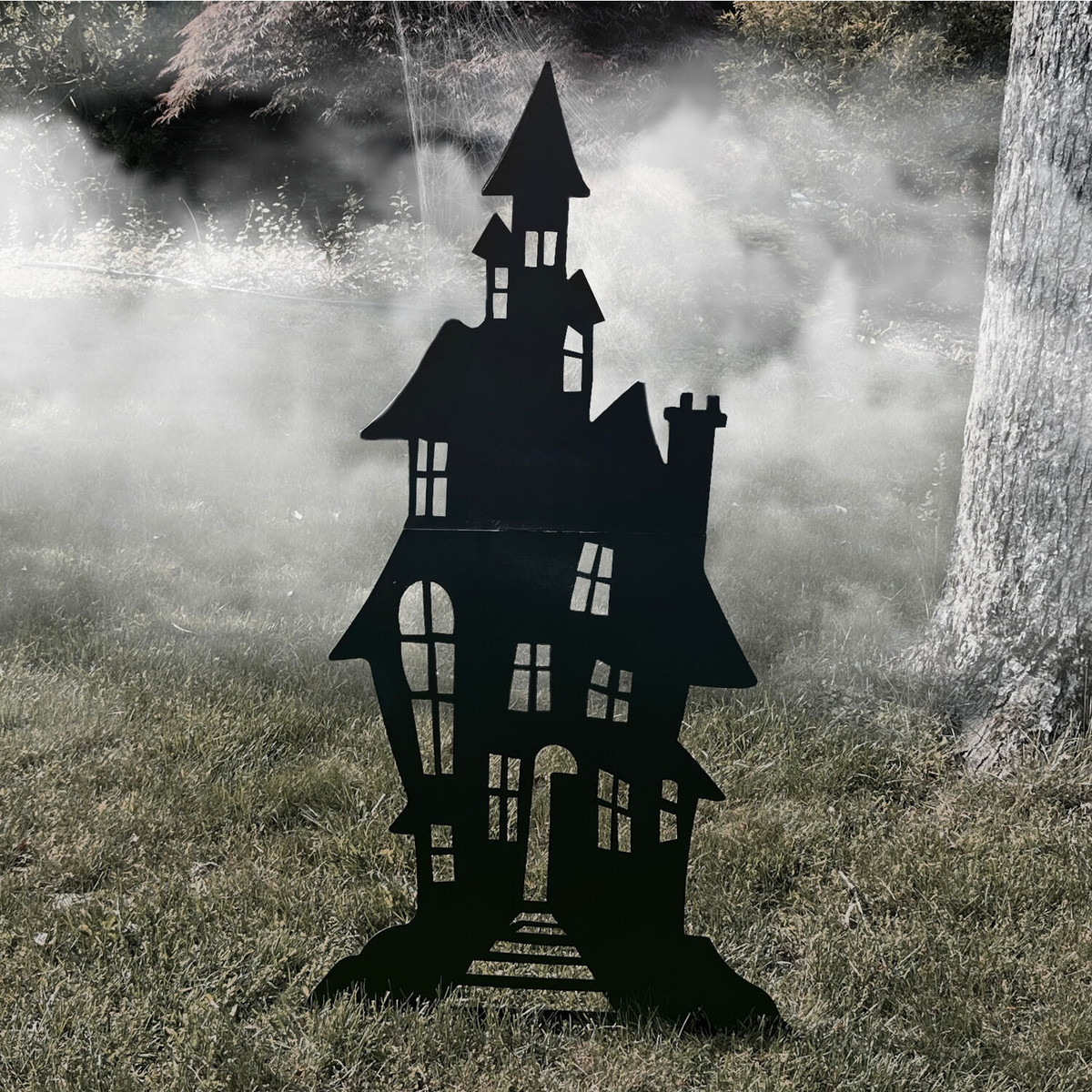 Haunted Hill Farm 69-In. Haunted House Black Iron Halloween Silhouette with Ground Stakes and Easel for Lawn, Garden, Porch and Foyer
