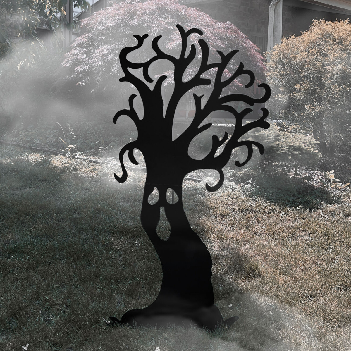 Haunted Hill Farm 66.5-In. Haunted Tree Black Iron Halloween Silhouette with Ground Stakes and Easel for Lawn, Garden, Porch and Foyer