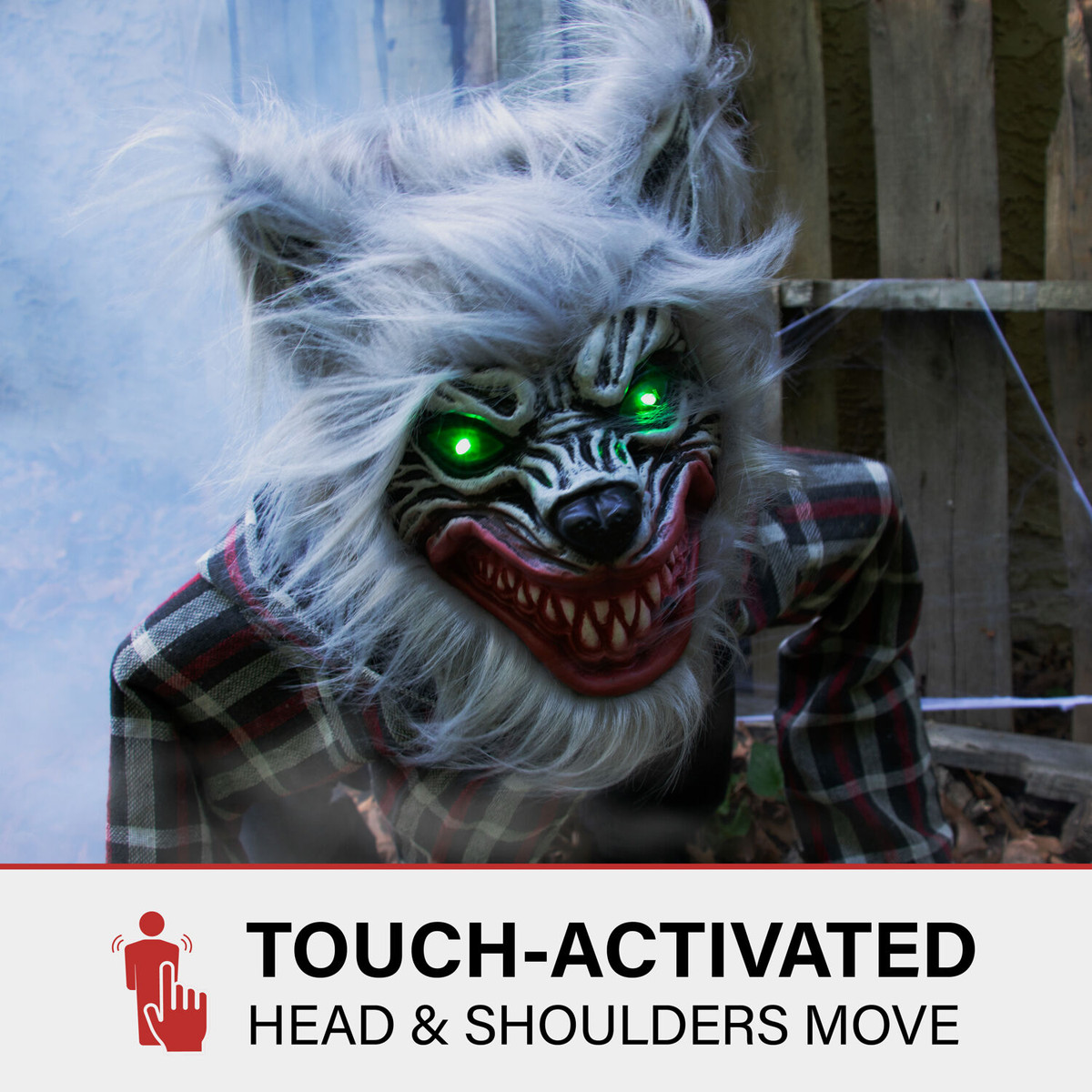 Haunted Hill Farm Smiley the Animatronic Squatting Werewolf with Movement, Sounds, and Light-Up Eyes for Scary Halloween Decoration