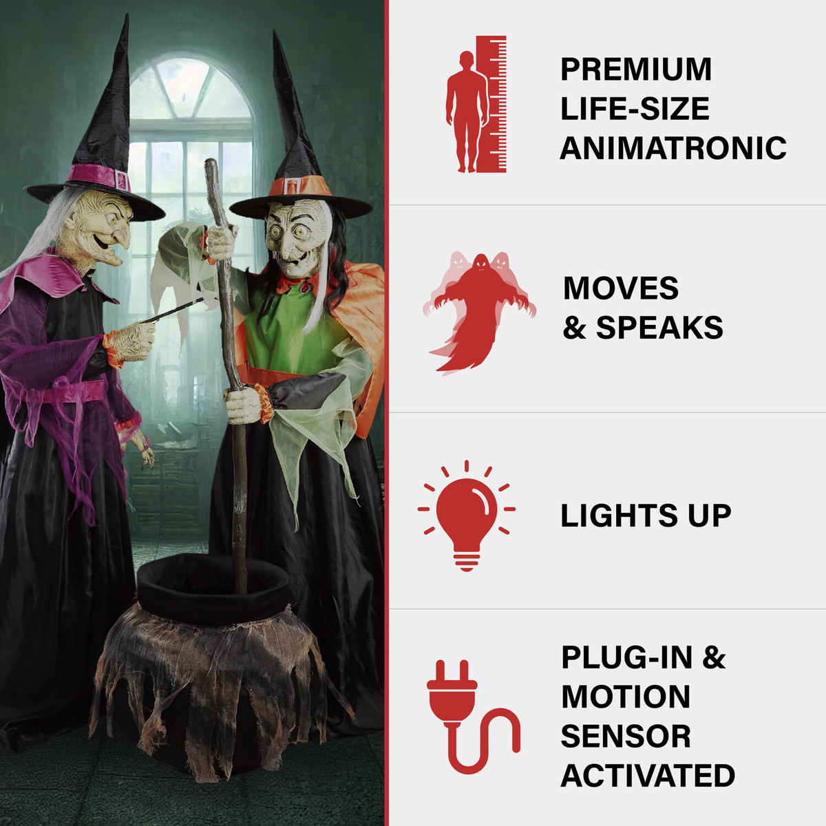 Haunted Hill Farm Motion-Activated Wicked Cauldron Witches by SVI, Premium Talking Halloween Animatronic, Plug-In