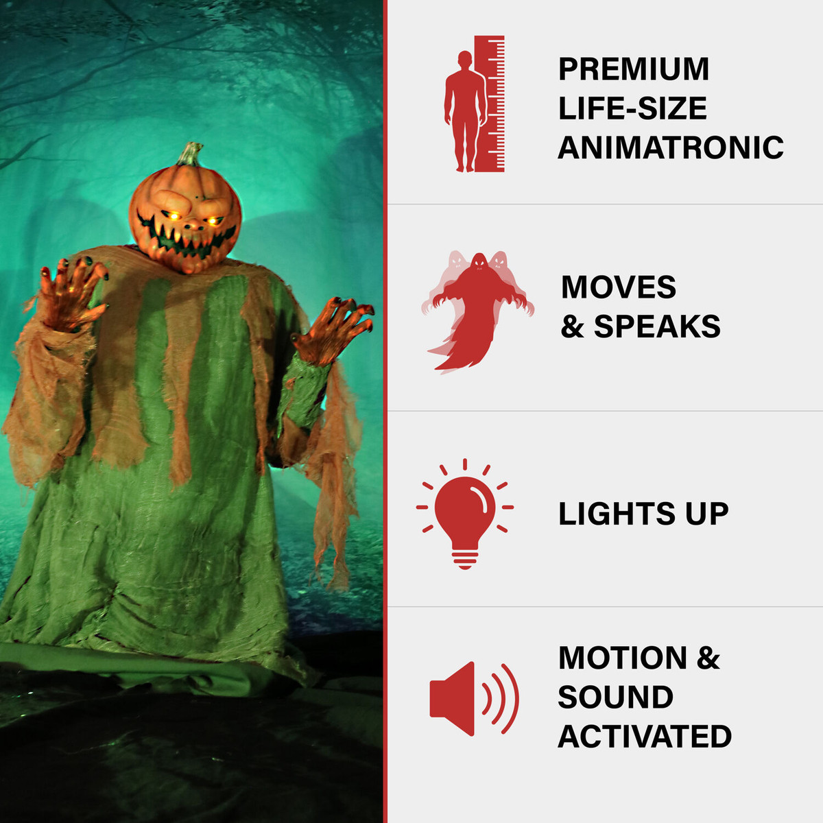 Haunted Hill Farm Motion-Activated Jack O' Lunger by Tekky, Indoor or Covered Outdoor Premium Halloween Animatronic, Plug-In or Battery