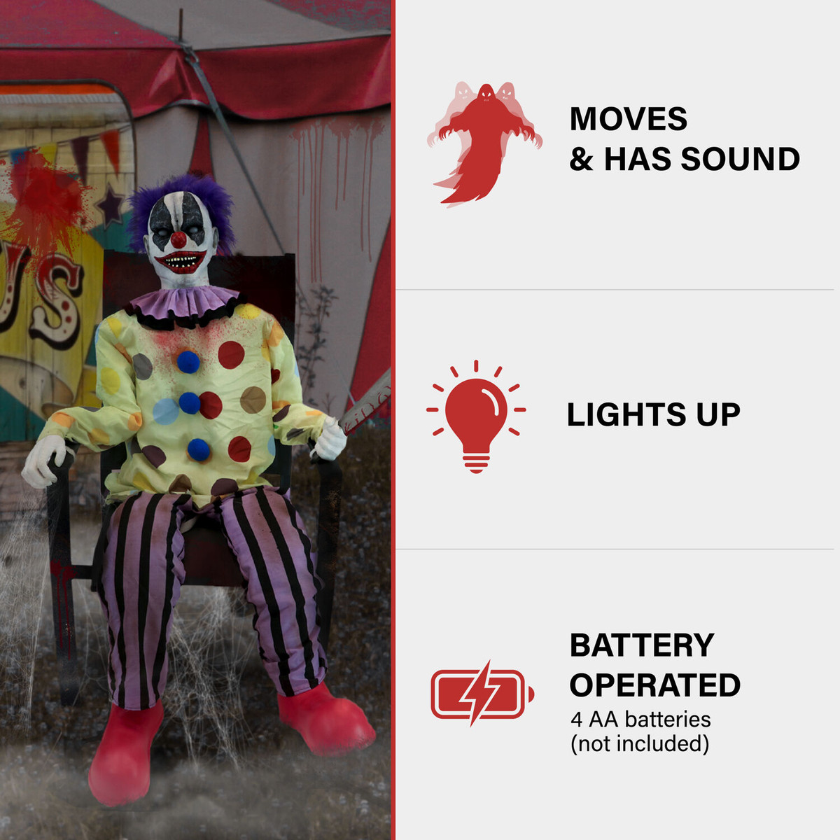 Haunted Hill Farm Motion-Activated Thrashing Clown with a Meat Cleaver by Tekky, Sitting Premium Halloween Animatronic, Plug-In or Battery