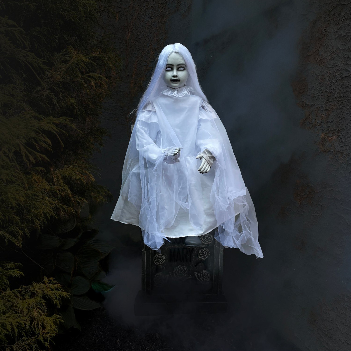 4-Ft. Motion-Activated Sitting Tombstone Girl by Tekky, Premium Talking Halloween Animatronic, Plug-In or Battery