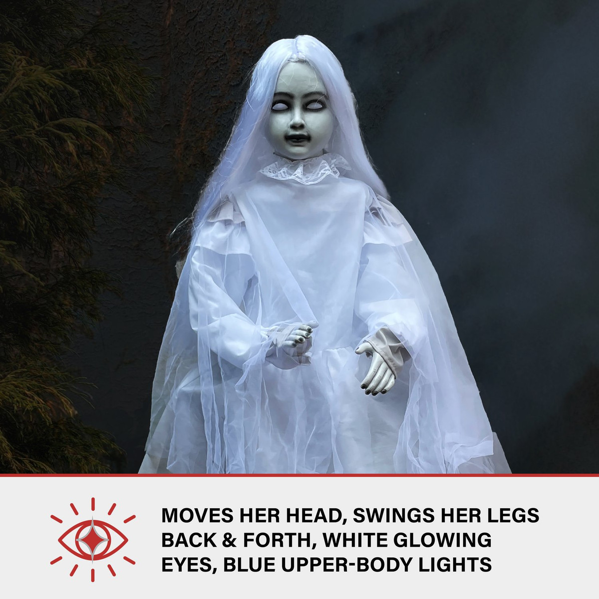 4-Ft. Motion-Activated Sitting Tombstone Girl by Tekky, Premium Talking Halloween Animatronic, Plug-In or Battery