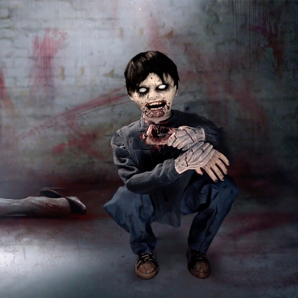 Haunted Hill Farm Motion-Activated Crouching Limb Eater Zombie Boy by Tekky, Premium Halloween Animatronic, Plug-In or Battery