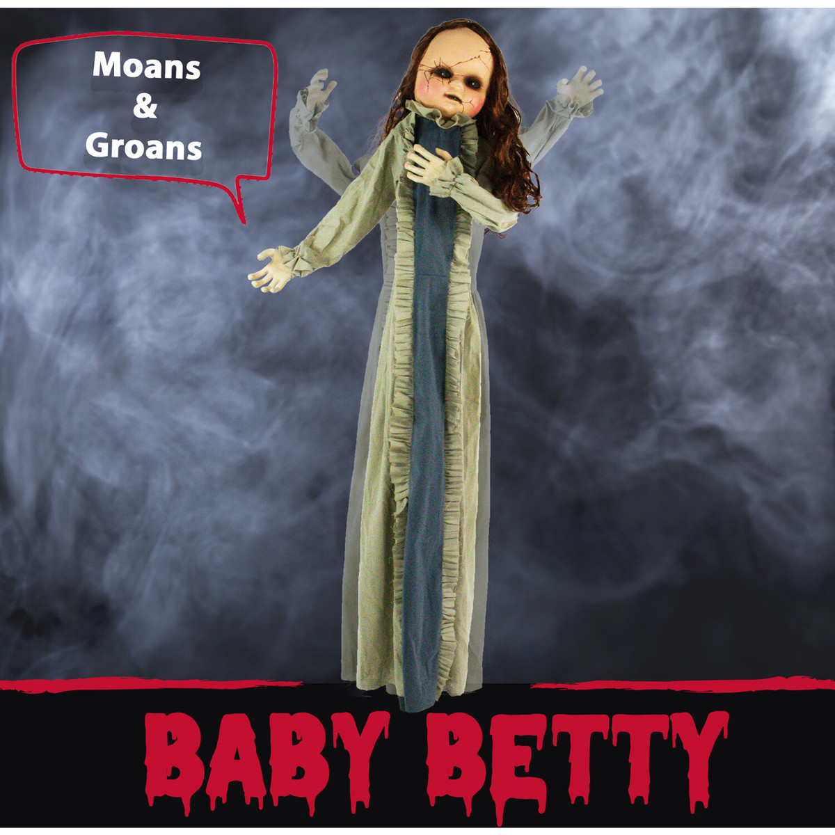 Haunted Hill Farm Baby Betty the Animatronic Zombie, Indoor or Covered Outdoor Halloween Decoration, Red LED Eyes, Battery-Operated