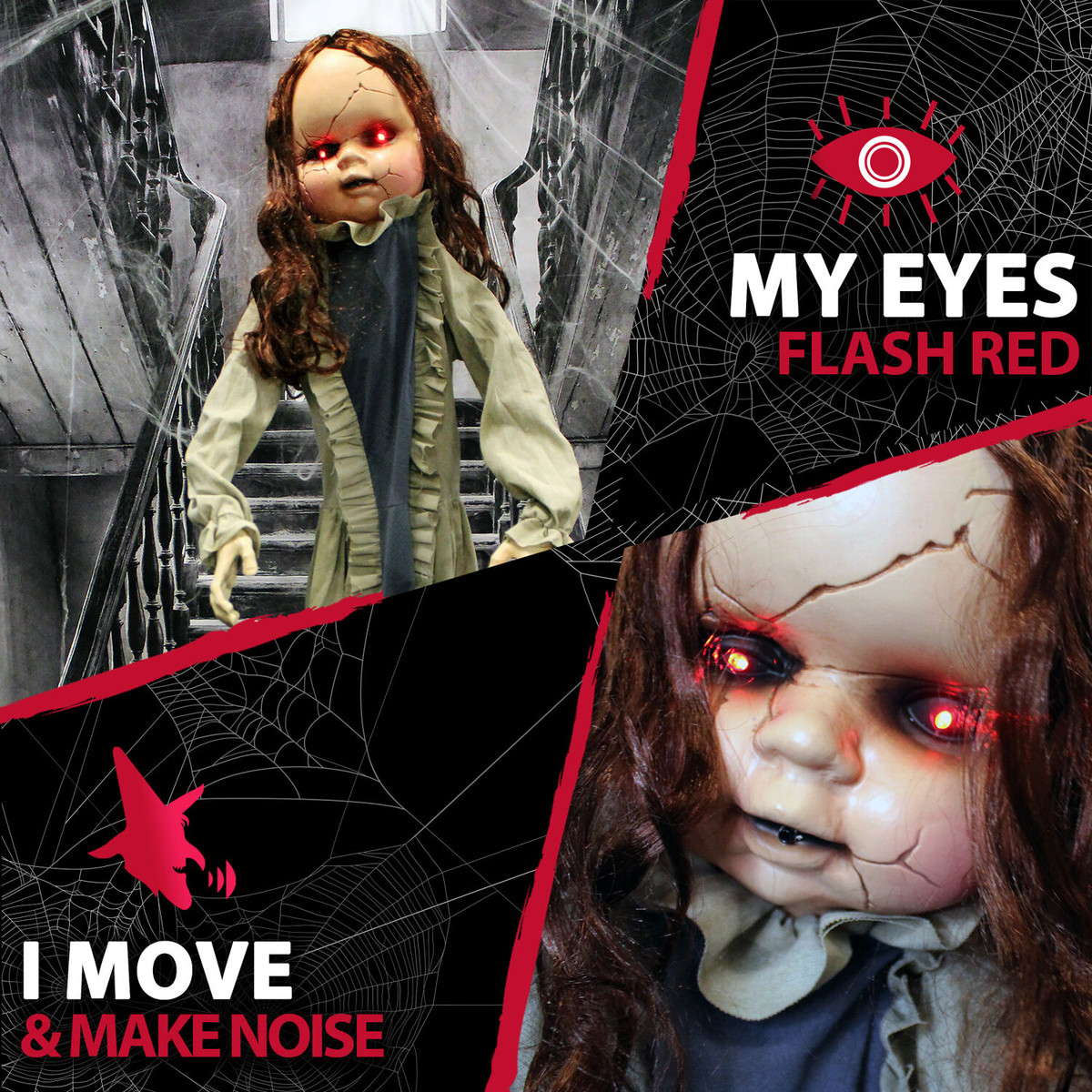 Haunted Hill Farm Baby Betty the Animatronic Zombie, Indoor or Covered Outdoor Halloween Decoration, Red LED Eyes, Battery-Operated