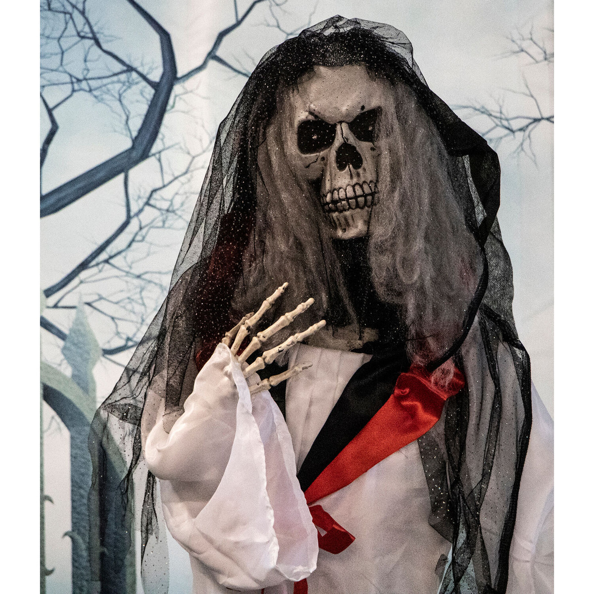 Haunted Hill Farm 65-In. Mona the Moaning Skeleton Bride, Indoor or Covered Outdoor Halloween Decoration, Red LED Eyes, Battery-Operated