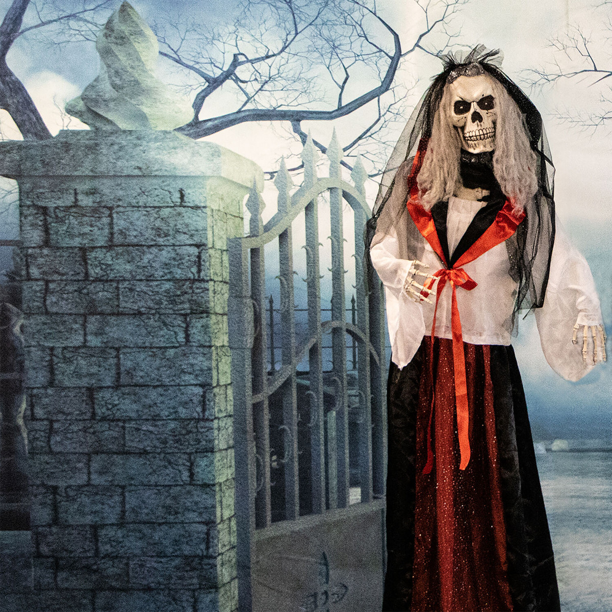 Haunted Hill Farm 65-In. Mona the Moaning Skeleton Bride, Indoor or Covered Outdoor Halloween Decoration, Red LED Eyes, Battery-Operated