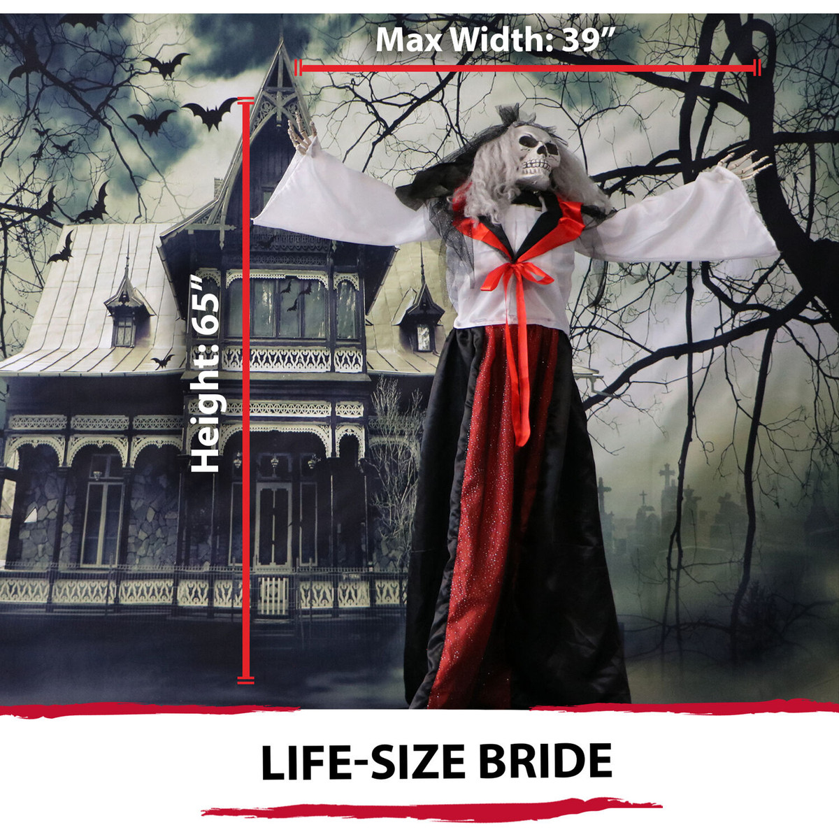 Haunted Hill Farm 65-In. Mona the Moaning Skeleton Bride, Indoor or Covered Outdoor Halloween Decoration, Red LED Eyes, Battery-Operated