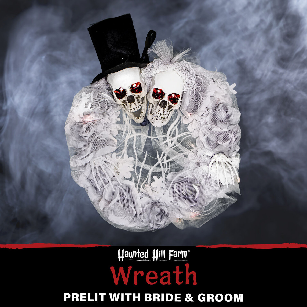 Haunted Hill Farm 17-In. Prelit Bride and Groom Skull Wreath, Halloween Door or Wall Decoration, Battery Operated, White-Red