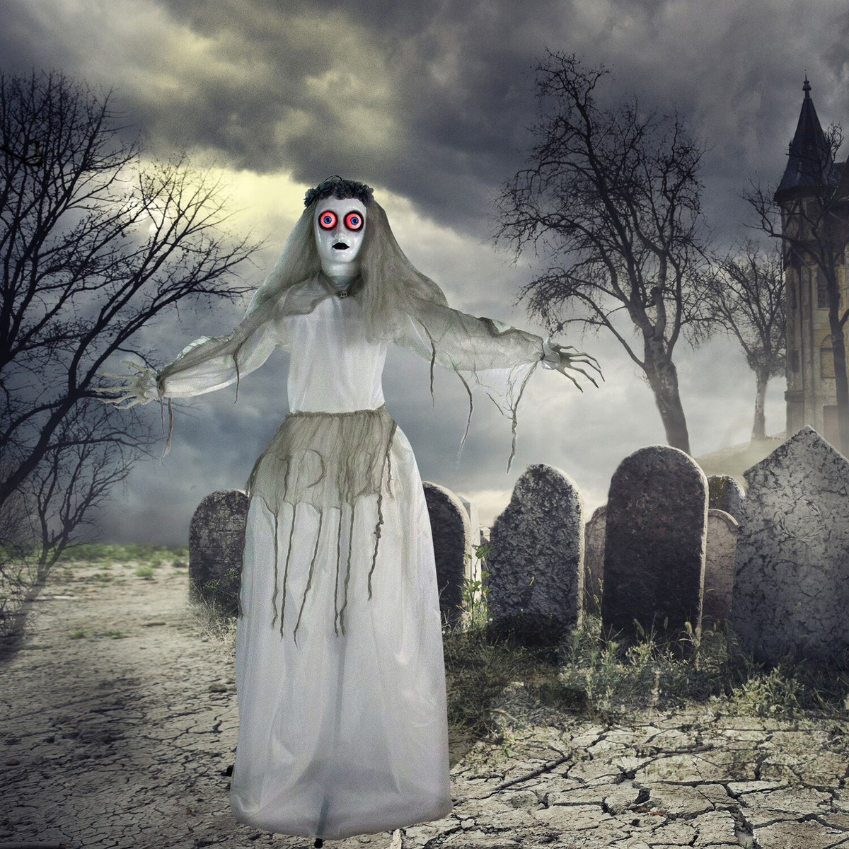 Haunted Hill Farm 5-Ft. Sally the Haunted Animatronic Bride, Indoor or Covered Outdoor Halloween Decoration, Red LED Eyes, Battery-Operated