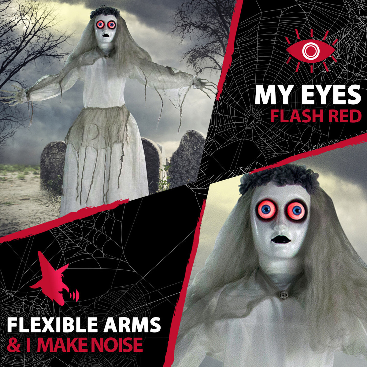 Haunted Hill Farm 5-Ft. Sally the Haunted Animatronic Bride, Indoor or Covered Outdoor Halloween Decoration, Red LED Eyes, Battery-Operated