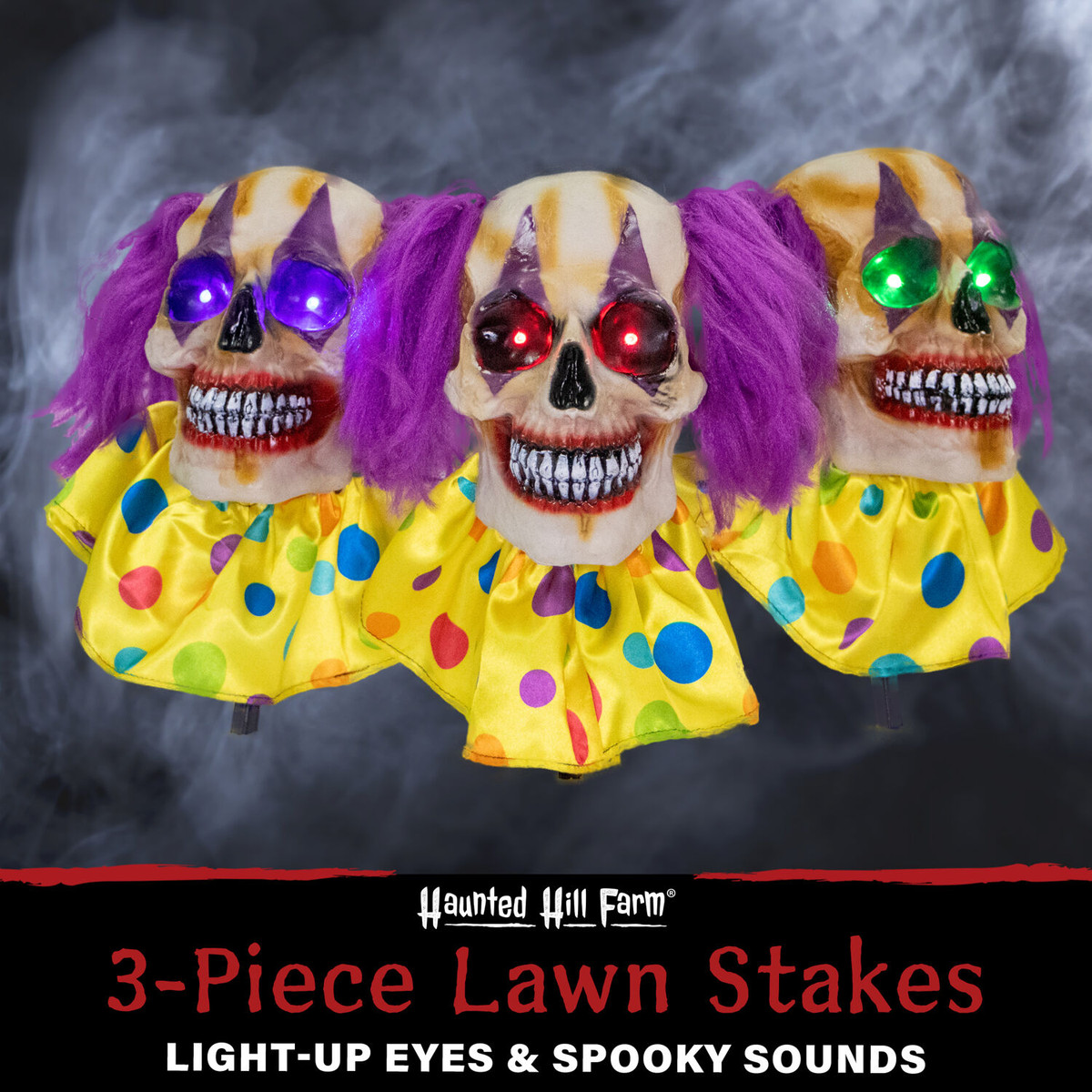 Haunted Hill Farm 3-Piece Clown Skull Lawn Stakes with Flickering Eyes and Spooky Sounds, Outdoor Halloween Decoration, Battery Operated