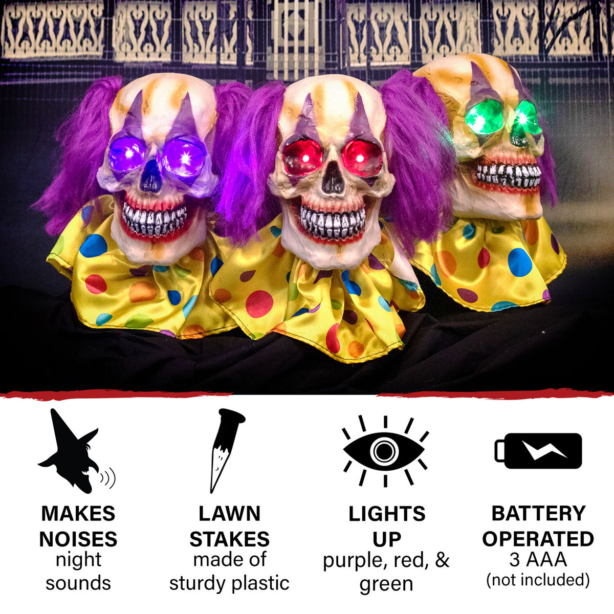 Haunted Hill Farm 3-Piece Clown Skull Lawn Stakes with Flickering Eyes and Spooky Sounds, Outdoor Halloween Decoration, Battery Operated
