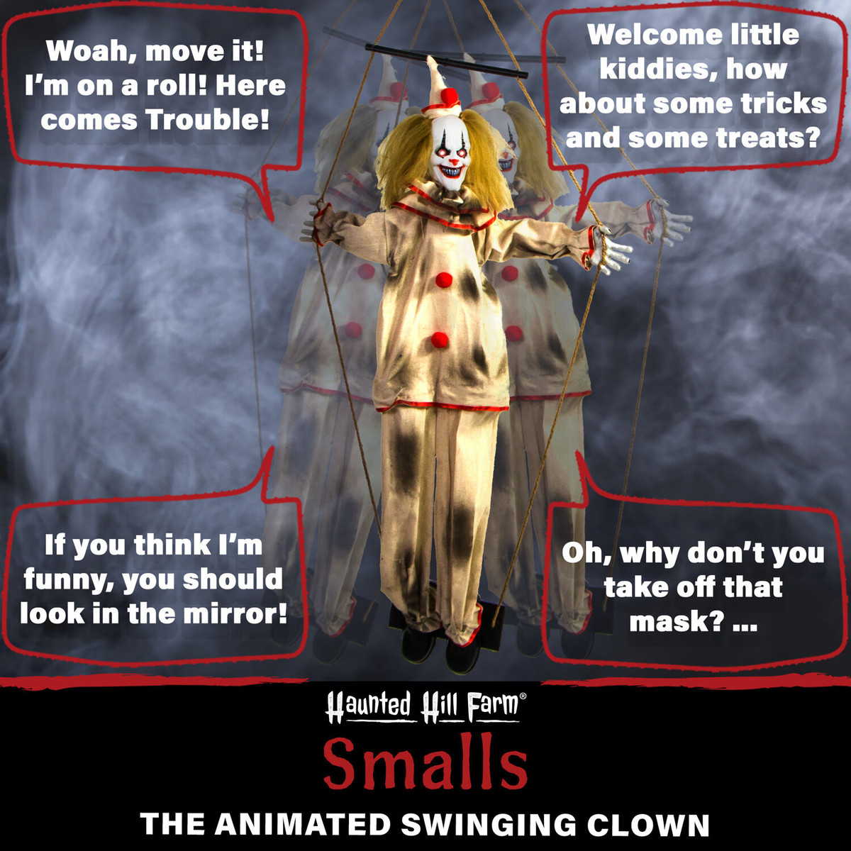Haunted Hill Farm 55-In. Smalls the Animatronic Swinging Clown, Indoor or Covered Outdoor Halloween Decoration, Red LED Eyes, Battery Operated