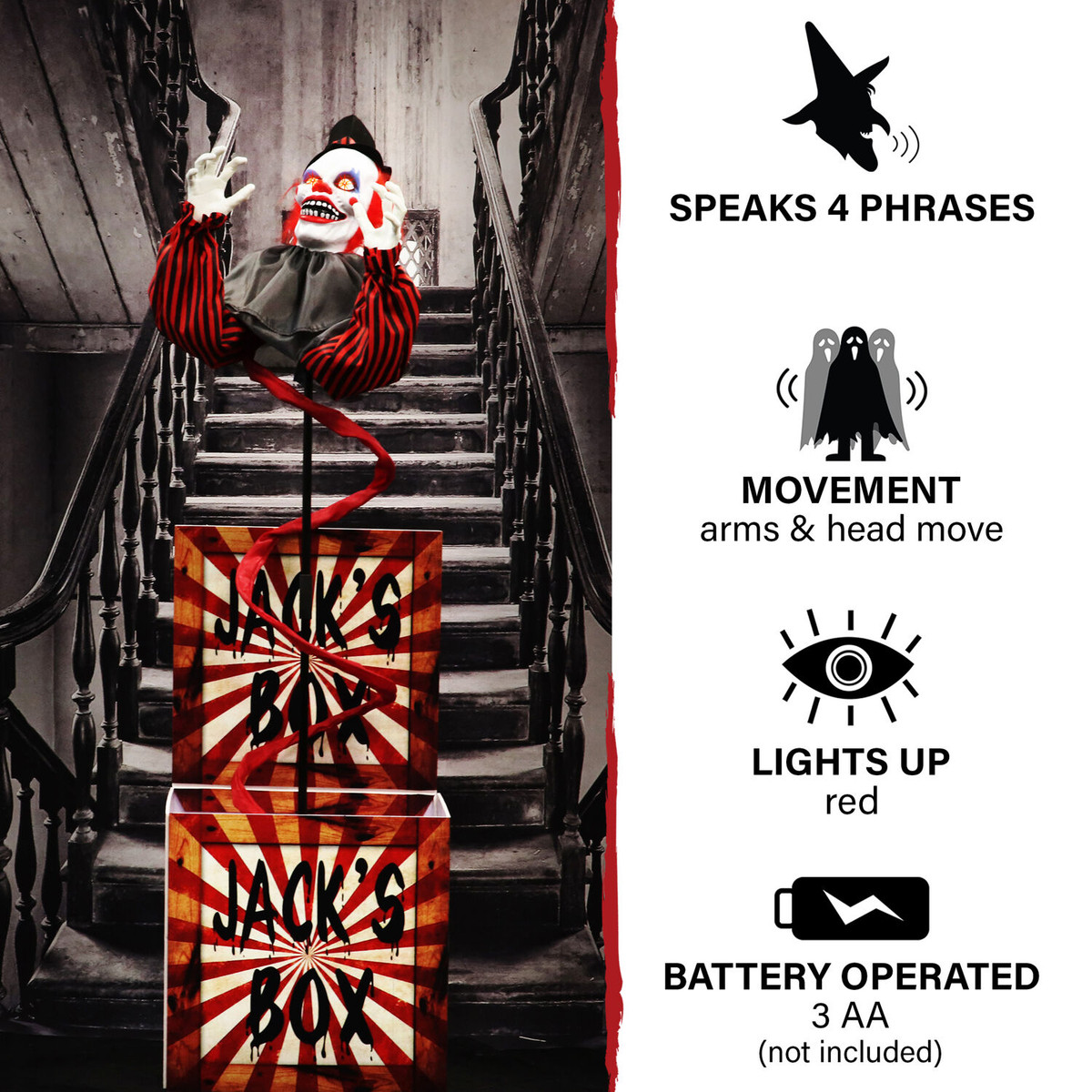 Haunted Hill Farm Life-Size Animatronic Clown Jack in the Box with Lights and Sound, Indoor or Covered Outdoor Halloween Decoration