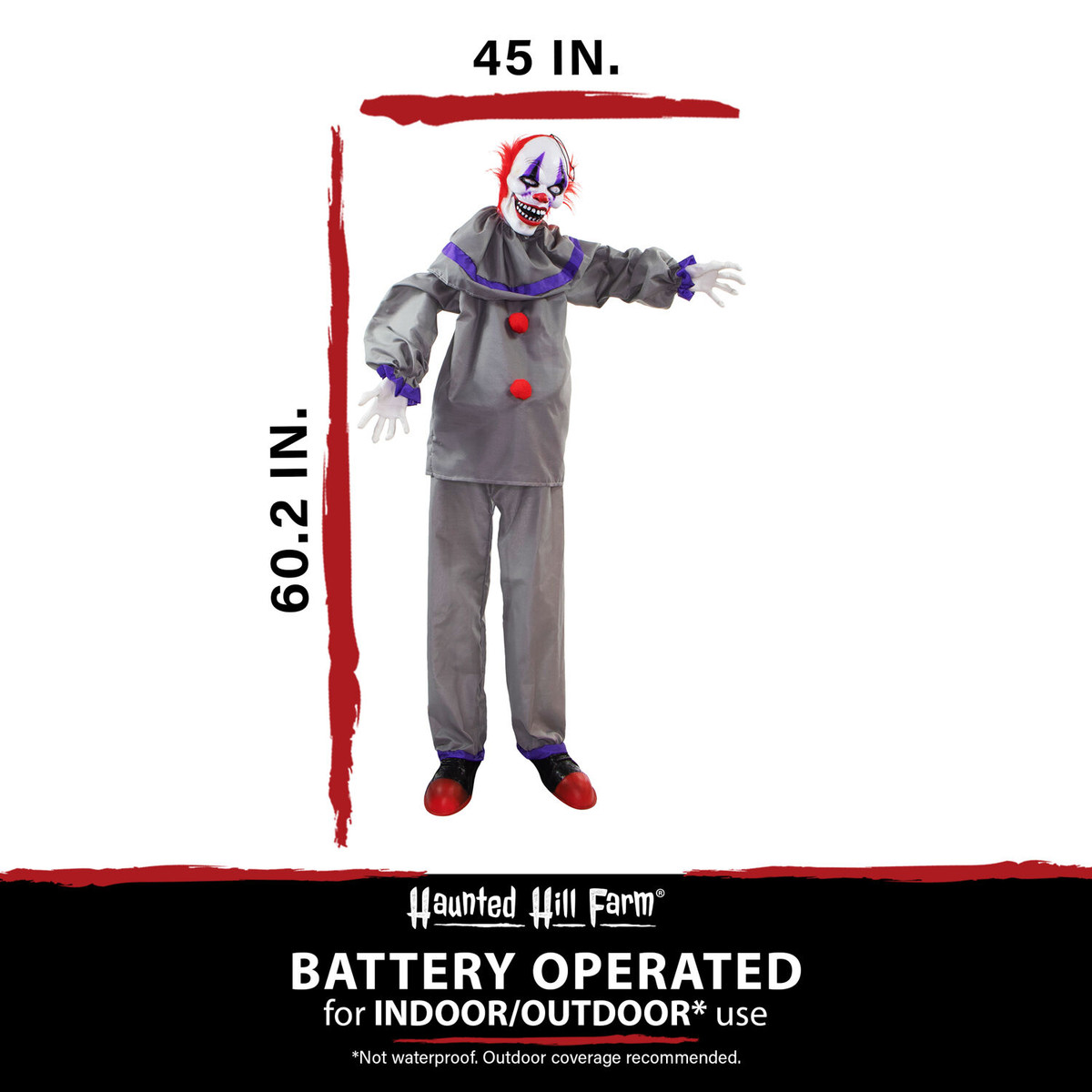 Haunted Hill Farm Life-Size Animatronic Clown with Lights and Sound, Indoor/Covered Outdoor Halloween Decoration