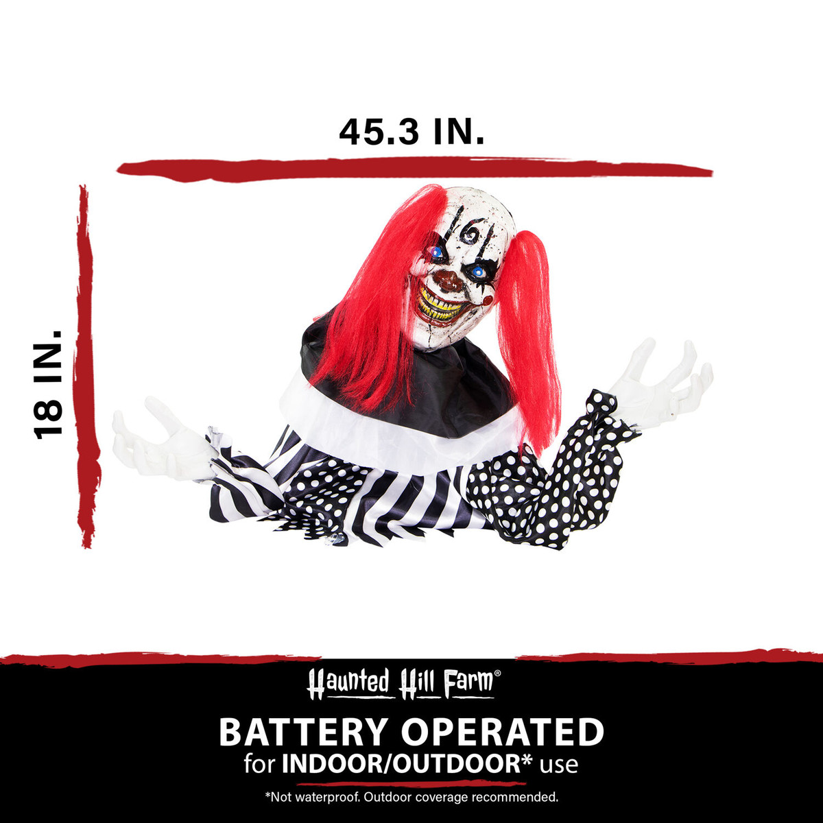 Haunted Hill Farm 18-In. Buggy the Animatronic Groundbreaker Clown, Indoor or Covered Outdoor Halloween Decoration, Battery Operated