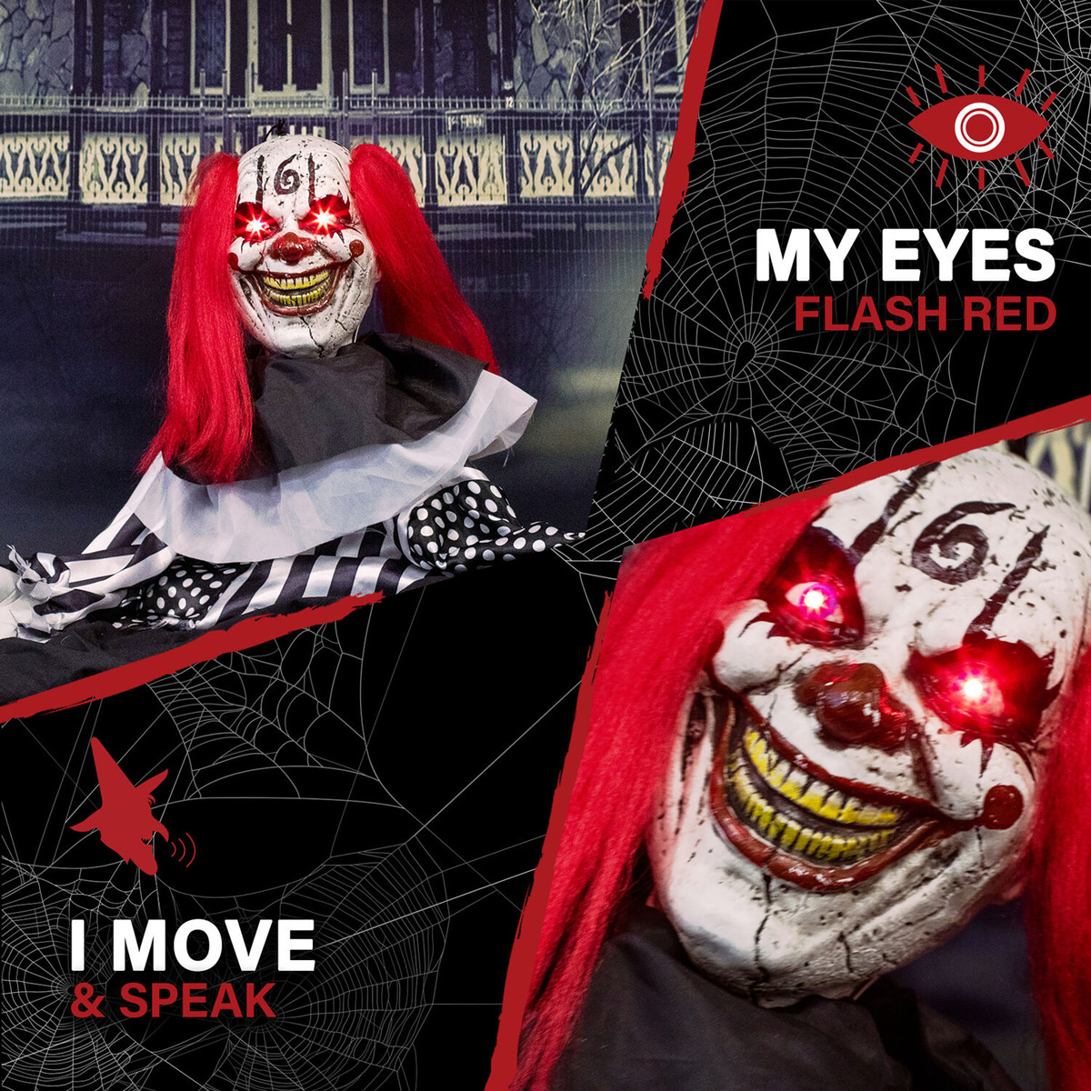 Haunted Hill Farm 18-In. Buggy the Animatronic Groundbreaker Clown, Indoor or Covered Outdoor Halloween Decoration, Battery Operated