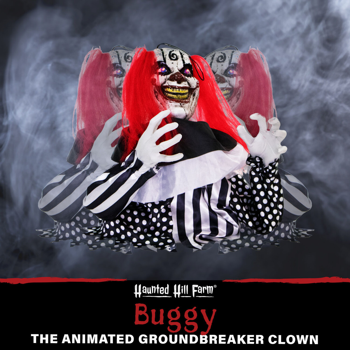 Haunted Hill Farm 18-In. Buggy the Animatronic Groundbreaker Clown, Indoor or Covered Outdoor Halloween Decoration, Battery Operated