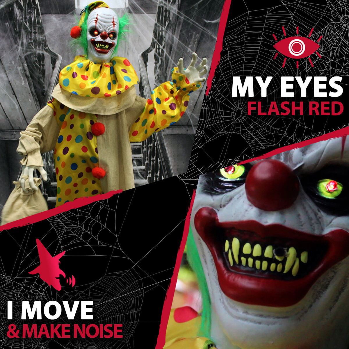 Haunted Hill Farm 65-In. Snuggles Animatronic Clown, Indoor or Covered Outdoor Halloween Decoration, Talks, Red LED Eyes, Battery-Operated