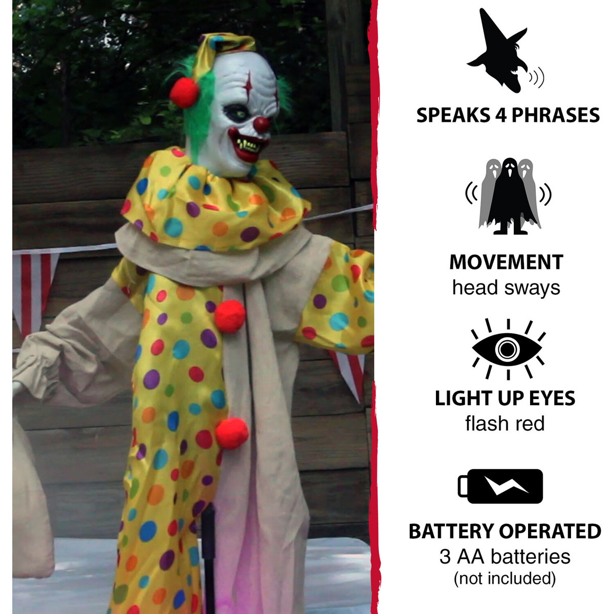 Haunted Hill Farm 65-In. Snuggles Animatronic Clown, Indoor or Covered Outdoor Halloween Decoration, Talks, Red LED Eyes, Battery-Operated