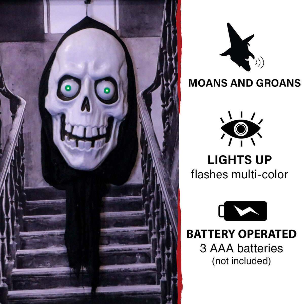 Haunted Hill Farm 2.5-ft. Animated Reaper, Sound, Multi-Colored LED Eyes, Battery Operated, Halloween Decoration, Indoor/Covered Outdoor