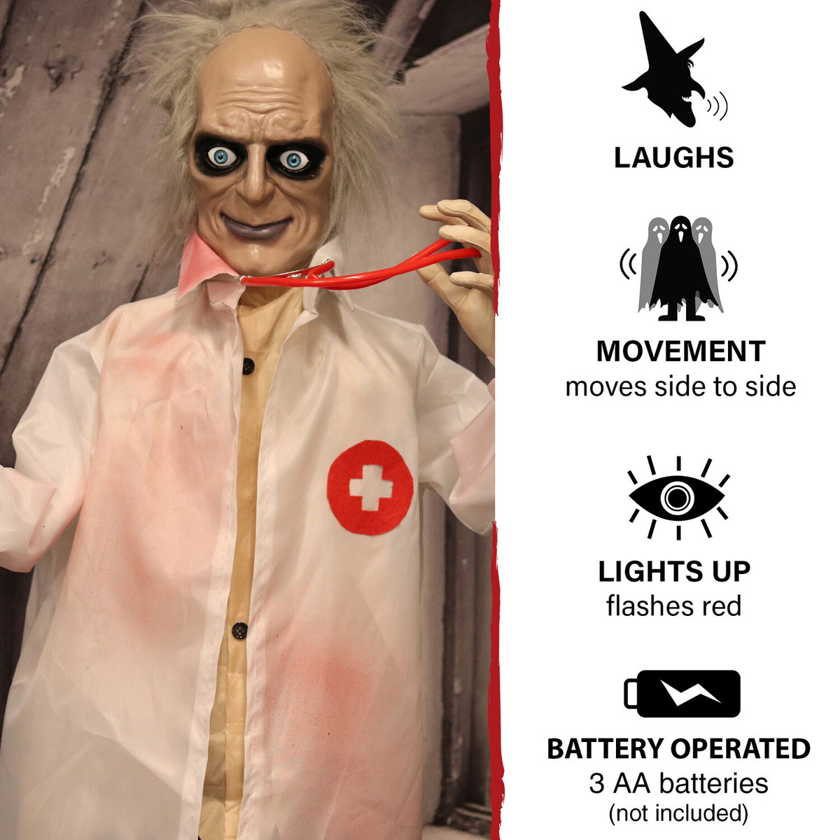 Haunted Hill Farm 5.4-Ft. Doctor Scissors Laughing Animatronic, Indoor or Covered Outdoor Halloween Decoration, Red LED Eyes, Battery Operated