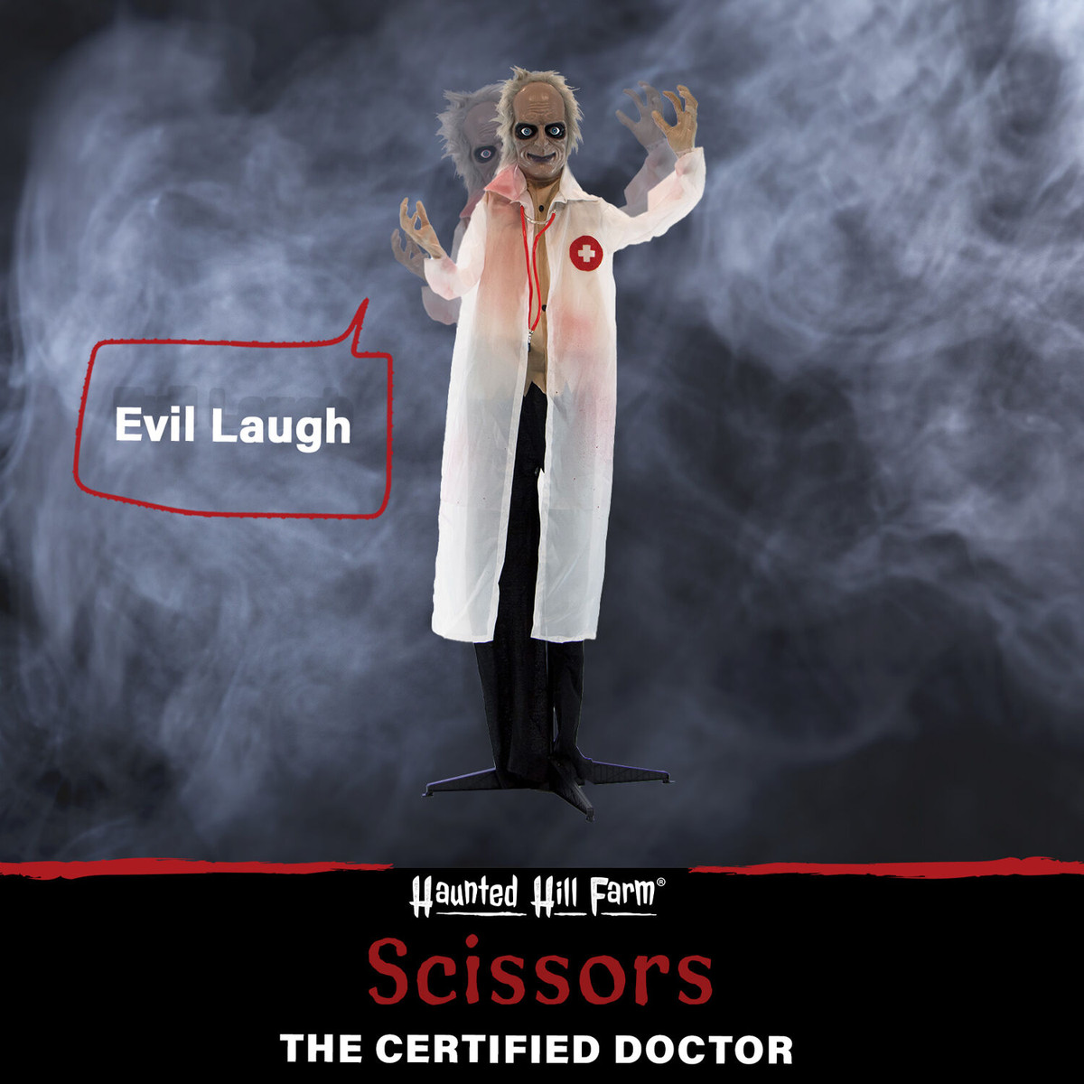 Haunted Hill Farm 5.4-Ft. Doctor Scissors Laughing Animatronic, Indoor or Covered Outdoor Halloween Decoration, Red LED Eyes, Battery Operated