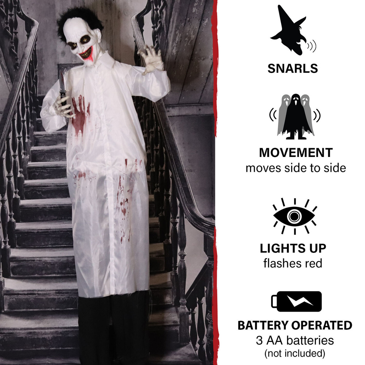 Haunted Hill Farm 5.75-Ft. Snips the Laughing Animatronic Doctor, Indoor / Covered Outdoor Halloween Decoration, Red LED Eyes, Battery Operated