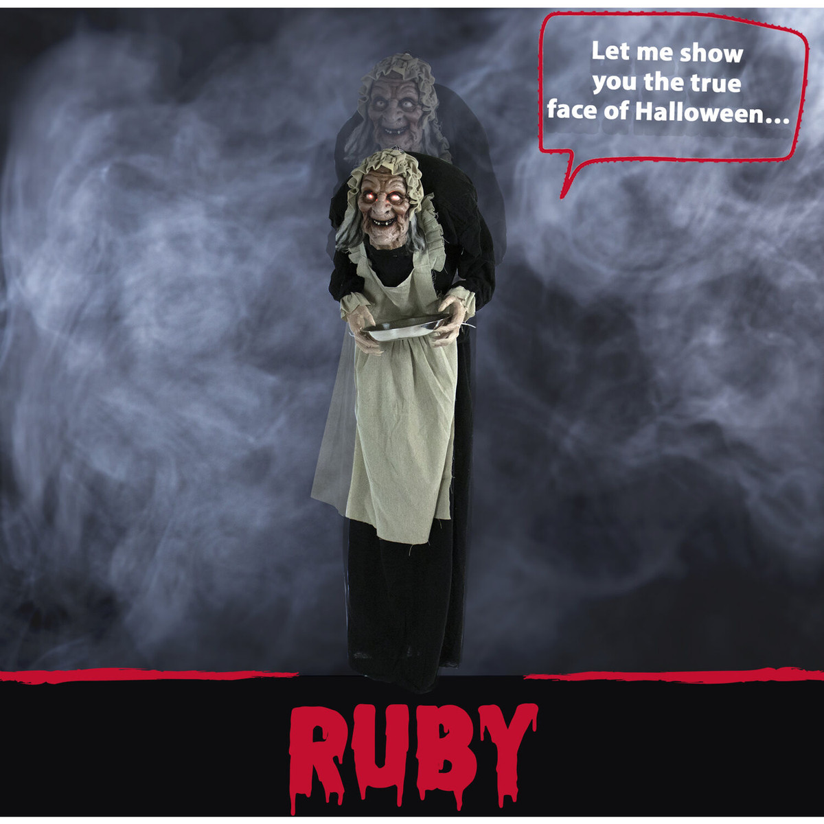 Haunted Hill Farm Life-Size Animatronic Zombie Maid, Indoor/Outdoor Halloween Decoration, Flashing Red Eyes, Battery-Operated, Moving