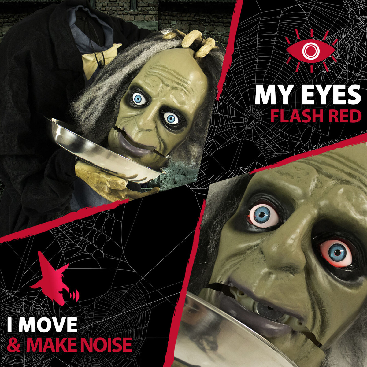 Haunted Hill Farm Life-Size Animatronic Zombie, Indoor/Outdoor Halloween Decoration, Light-up Red Eyes, Poseable, Battery-Operated