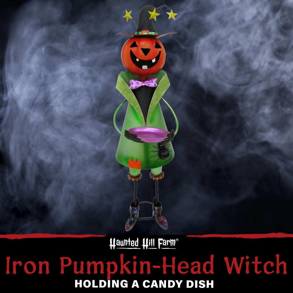 Haunted Hill Farm 40-In. Iron Pumpkin-Head Witch Holding Candy Dish with Removable Yard Stake for Indoor or Outdoor Halloween Decoration