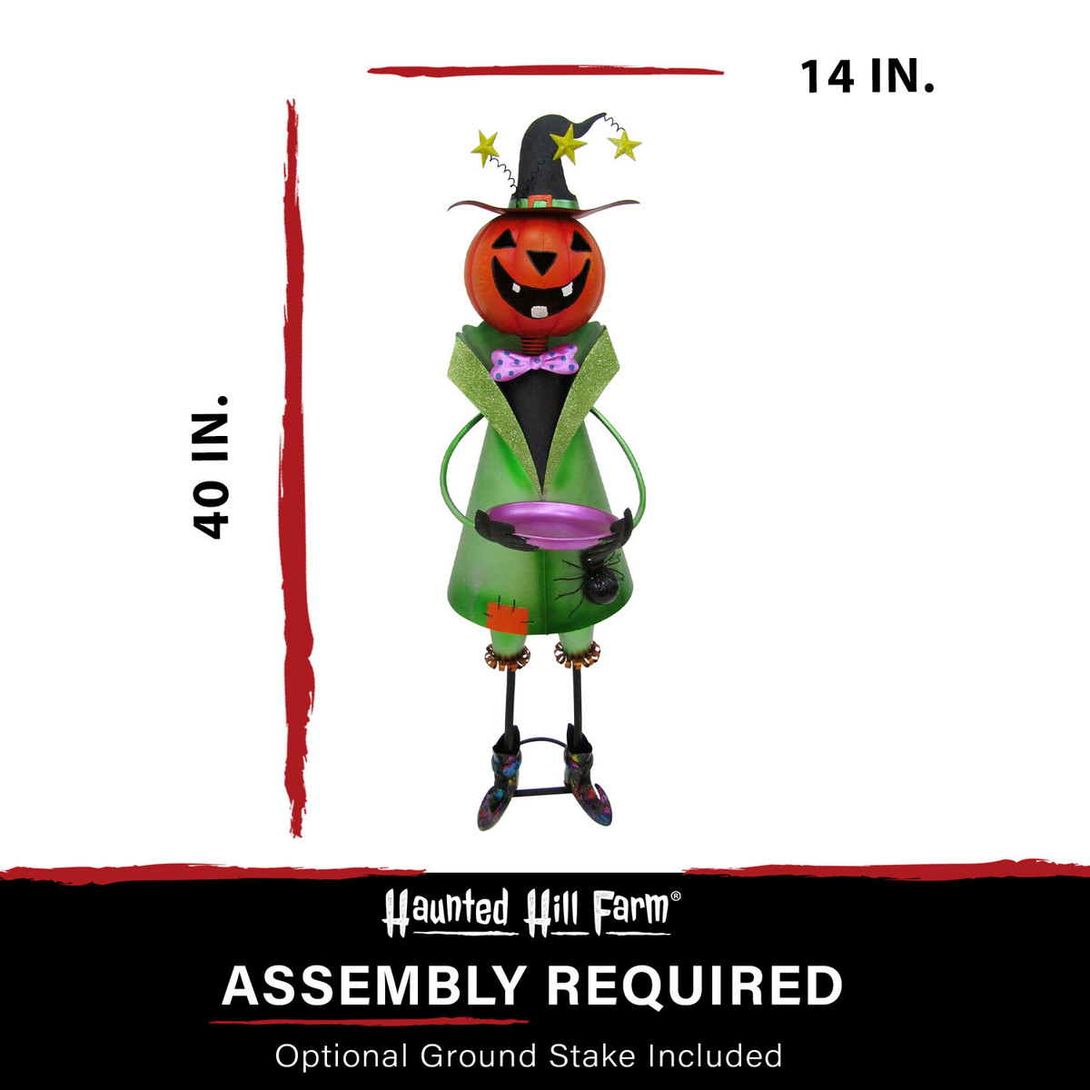 Haunted Hill Farm 40-In. Iron Pumpkin-Head Witch Holding Candy Dish with Removable Yard Stake for Indoor or Outdoor Halloween Decoration