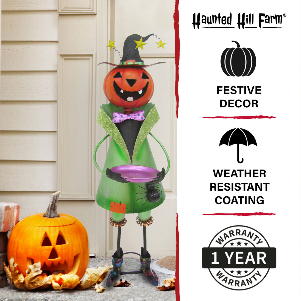 Haunted Hill Farm 40-In. Iron Pumpkin-Head Witch Holding Candy Dish with Removable Yard Stake for Indoor or Outdoor Halloween Decoration
