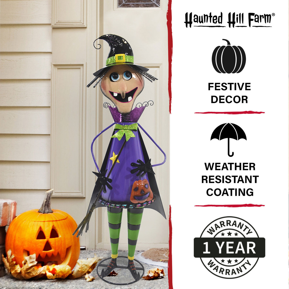 Haunted Hill Farm 42-In. Iron Witch Holding a Jack-O-Lantern with Removable Yard Stake for Indoor or Outdoor Halloween Decoration