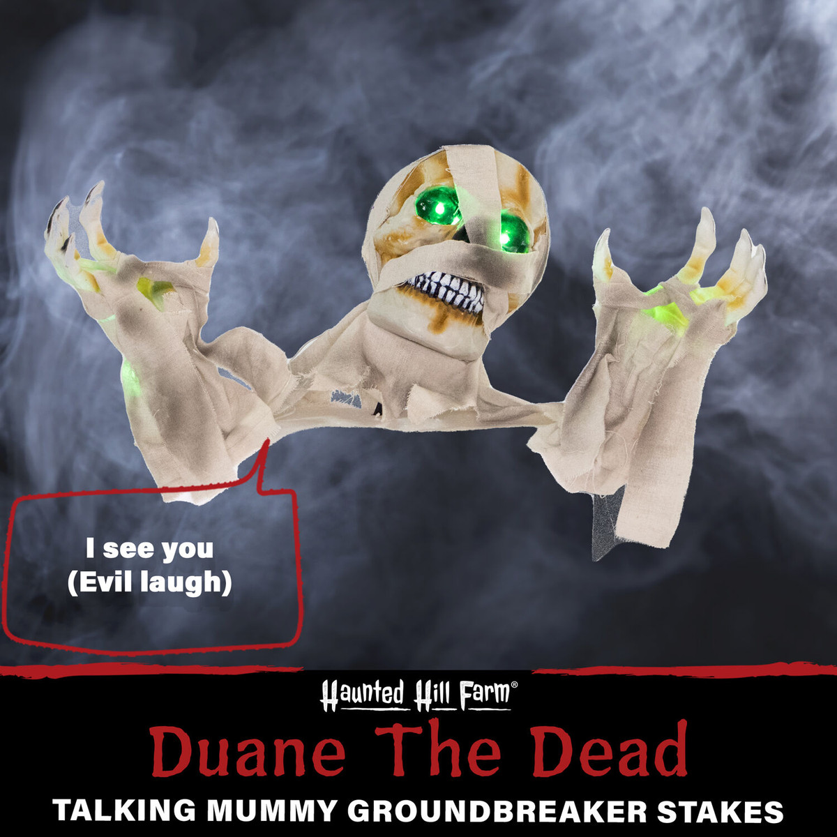 Haunted Hill Farm 10-In. Duane the Dead Talking Mummy Groundbreaker with Flashing Eyes and Hands, Battery-Operated Outdoor Halloween Decoration