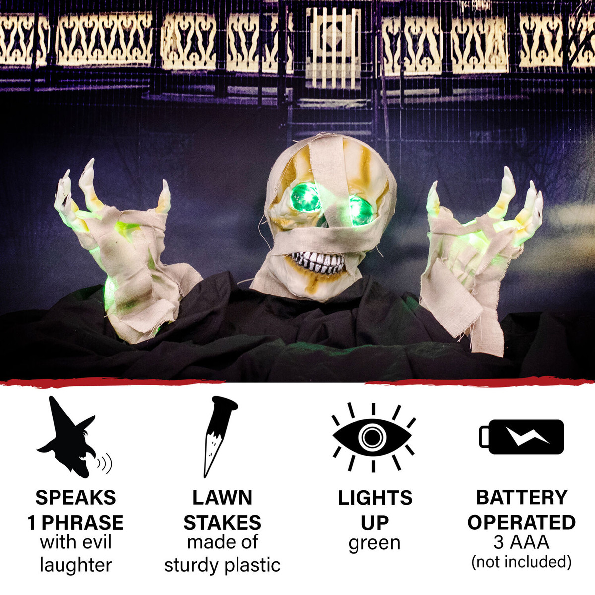 Haunted Hill Farm 10-In. Duane the Dead Talking Mummy Groundbreaker with Flashing Eyes and Hands, Battery-Operated Outdoor Halloween Decoration