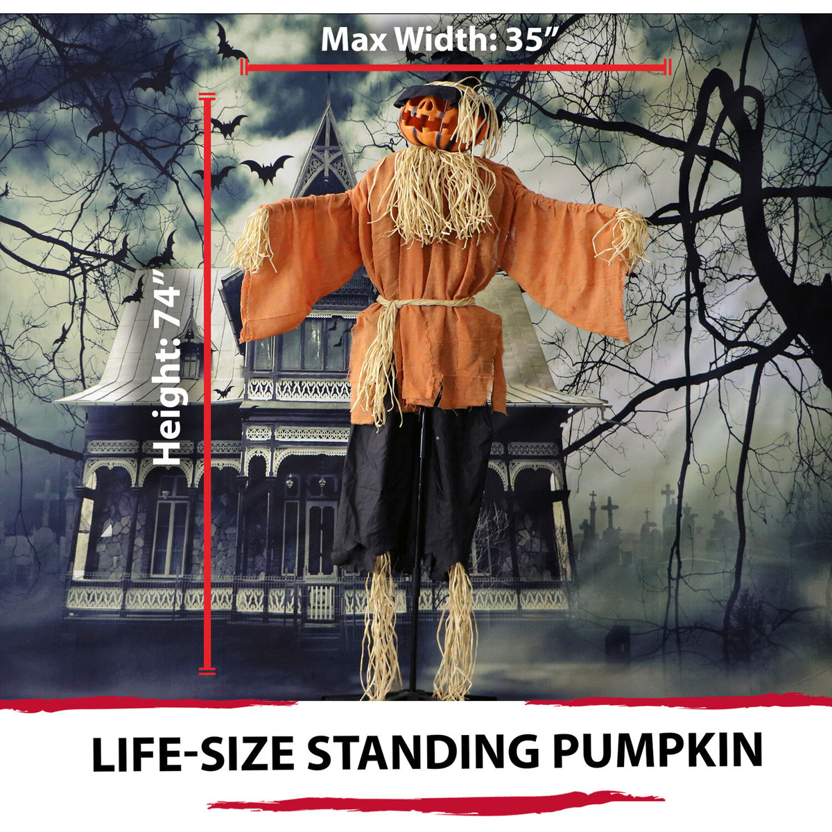 Haunted Hill Farm 74-In. Gordon the Scarecrow w/ Rotating Jack-O-Lantern Head, Indoor or Covered Outdoor Halloween Decoration, Battery-Operated